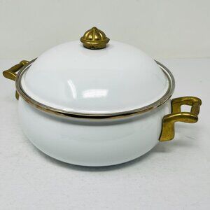 Vintage 1.5qt 6-Cups Bon Chef White Enamelware Pot & Lid w/Brass Handles Serving